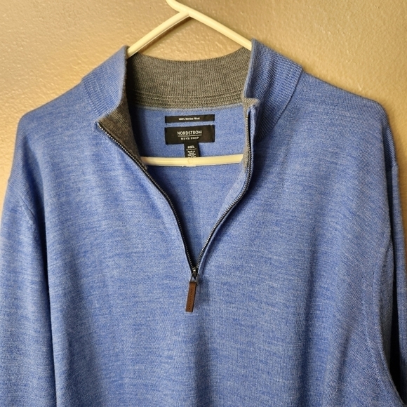 Nordstrom Mens Shop 100% Merino Wool Blue Quarter Zip Sweater-Size 2XL - Picture 3 of 8
